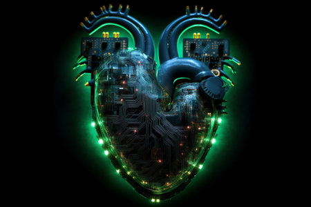 heart with circuit board on a black background. 3d illustration.の素材