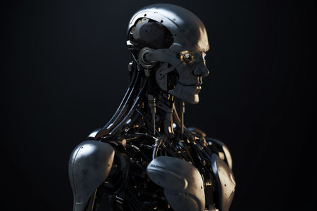 3D rendering of a female robot isolated on a black background.の素材