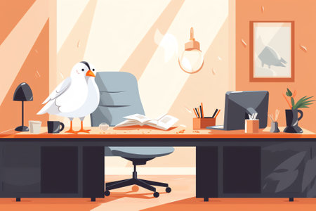 Vector illustration of a modern office interior with a workplace, a computer, a chair and a bird.の素材