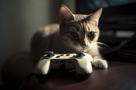 Cute cat playing video games with a joystick. Selective focus.の素材