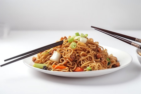 Chinese noodles with vegetables and chopsticks on white background, side viewの素材