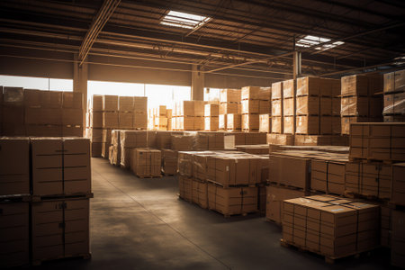 Warehouse interior with a lot of boxes and containers. Industrial backgroundの素材