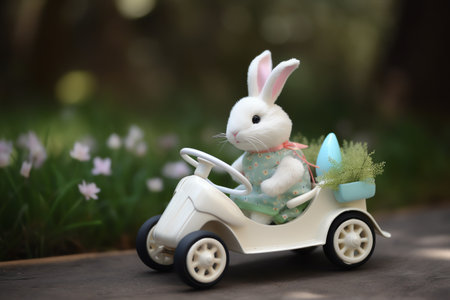 Easter bunny toy with vintage car in the garden, vintage toneの素材