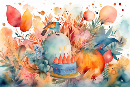 Watercolor illustration of birthday cake with candles, birds and flowers.の素材