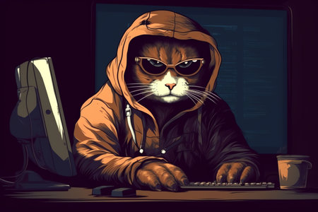 Portrait of a cat in a hood, with a computer in the backgroundの素材