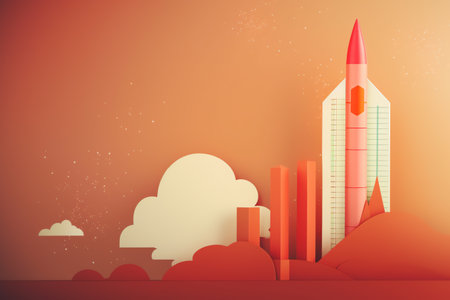Rocket and clouds in the sky. Paper art style. Vector illustration.の素材