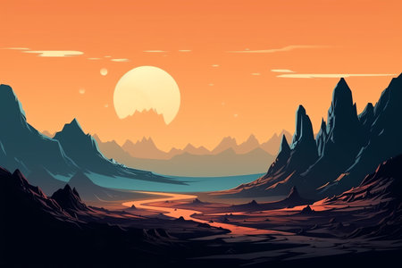 Fantasy alien planet. Mountain and lake. Vector illustration for your designの素材