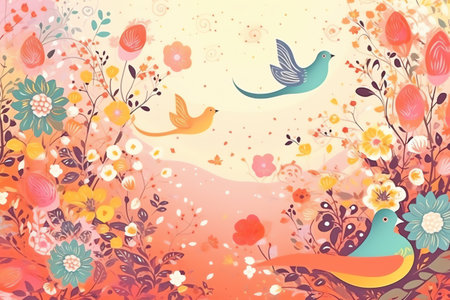 Vintage floral background with birds, flowers and butterflies. Vector illustration.の素材