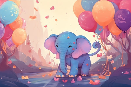 Illustration of a cute elephant with balloons in the background of the forestの素材