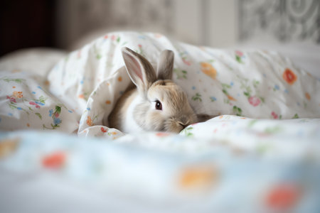 Cute little rabbit on the bed at home. Easter concept.の素材
