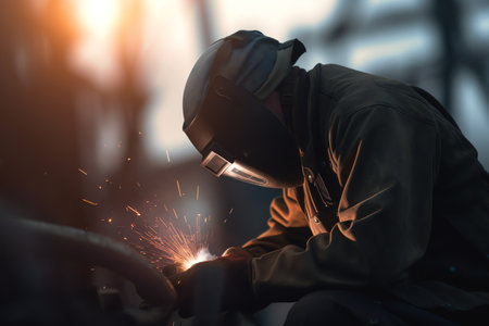 Welder working with protective mask welding metal in factory, industrial safety conceptの素材