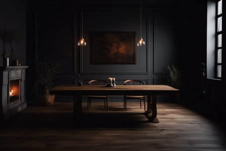 Classic dining room interior with wooden table and furniture. 3d renderの素材