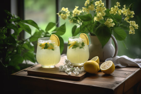 Homemade lemonade with fresh lemon and mint on a wooden tableの素材