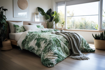 Interior of a modern bedroom with green pillows on the bedの素材