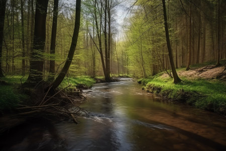 Beautiful landscape with river and trees in the forest, long exposureの素材