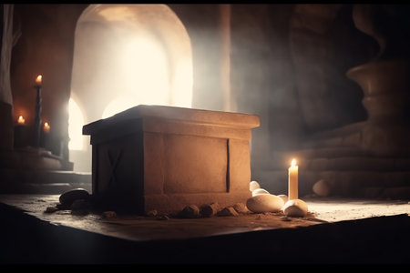 Medieval stone fireplace on dark toned foggy background. Selective focusの素材
