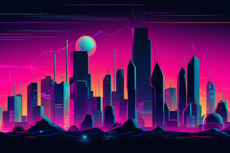 Abstract futuristic city background with neon lights. Futuristic city concept. Vector illustration.の素材