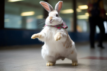 White rabbit with pink bow tie standing in front of the camera.の素材