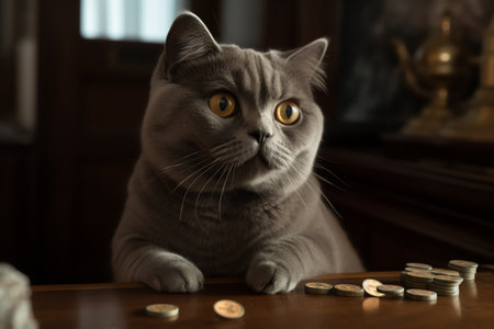 British Shorthair cat with coins on table in room, closeupの素材