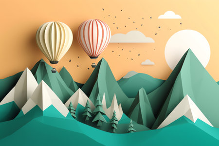 Paper art of mountain landscape with hot air balloon flying in the skyの素材