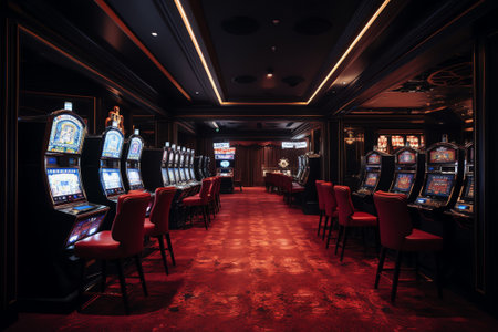 Luxury casino interior with slot machines and red velvet seats.の素材