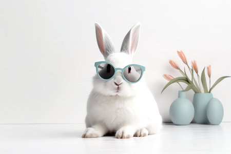 Cute white rabbit wearing sunglasses on white background. Easter concept.の素材