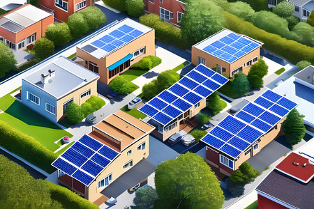 Solar panels on the roof of a house. 3D illustration.の素材