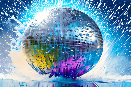 Disco ball with color splashes and light effects on a blue backgroundの素材