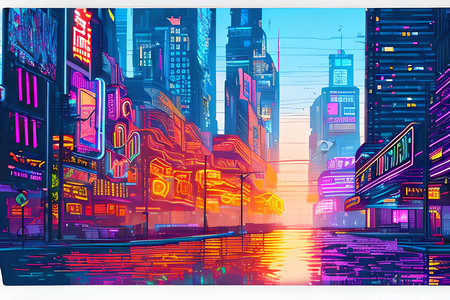 New York City street with neon lights and buildings. Vector illustration.の素材