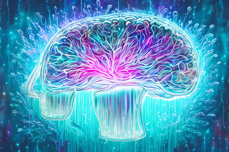 Brain in digital cyberspace. 3D illustration. Abstract background.の素材
