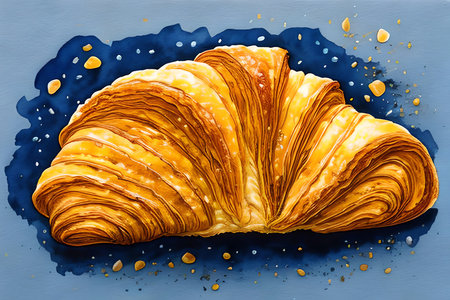 Pancakes on blue background. Hand drawn illustration. Top view.の素材