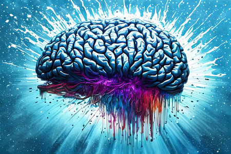 Human brain with colorful paint splashes on blue background. 3D renderingの素材
