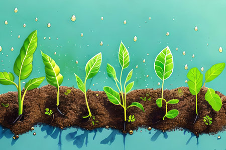 Plant in the soil with water drop background. Vector illustration.の素材