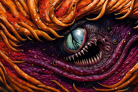 Fractal illustration of the eye of a monster with sharp teeth and sharp teeth.の素材