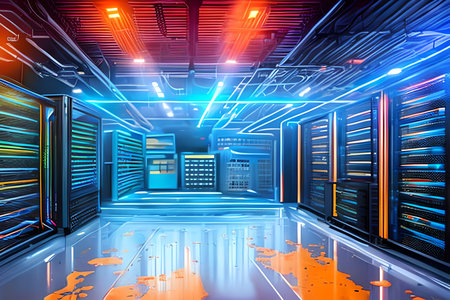 Server room with bright glowing lights, 3d rendering. Computer digital drawing.の素材