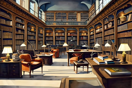 Interior of a library with bookshelves, armchairs and tablesの素材