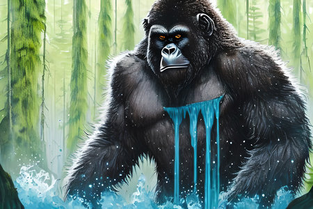 illustration of a gorilla in the rainforest with waterfall on backgroundの素材
