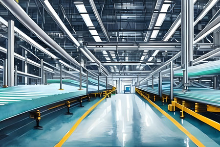 3d rendering of a conveyor belt in a modern factory interiorの素材