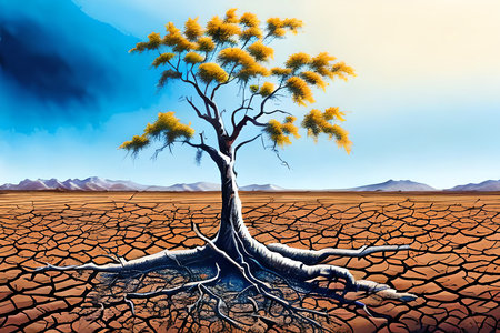 Desert landscape with dry tree and dry ground. 3d renderの素材