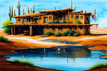 Houses in the desert with cacti. Digital painting.の素材