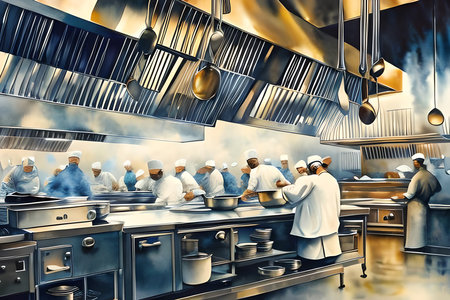 3D rendering of a group of chefs cooking in a restaurant kitchenの素材