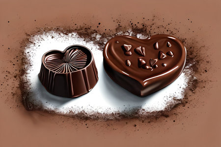 Chocolate candy in a heart shape with cocoa powder on the backgroundの素材