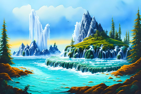 Fantasy landscape with mountains and waterfall. Digital painting on canvas.の素材