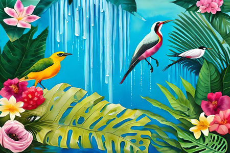 Illustration of a tropical background with birds and flowers in the waterの素材