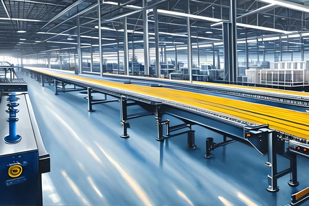 3d rendering of conveyor belt in a factory with motion blurの素材