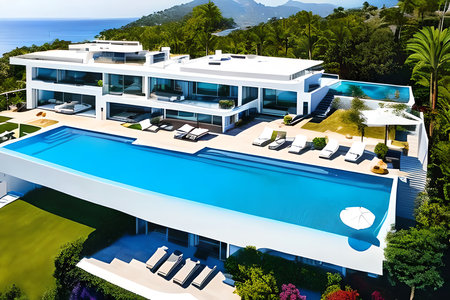 3d rendering of modern cozy house with pool and parking for sale or rentの素材