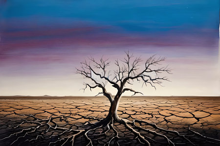 Dry tree on cracked ground. Global warming and climate change conceptの素材
