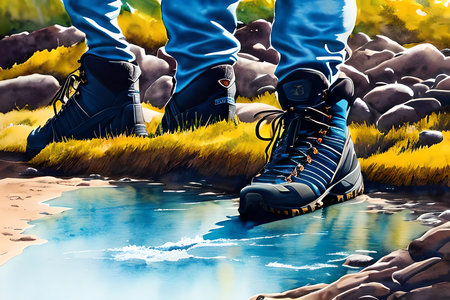 Digital painting of a man with trekking boots standing in the waterの素材
