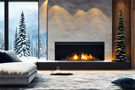 Modern living room interior with fireplace and Christmas tree. 3d renderingの素材