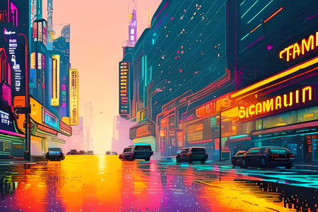 New York City street at night with neon lights. Pop art style.の素材
